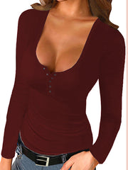 Women U neck sexy buttoned plain long sleeve T-shirts Basic tops