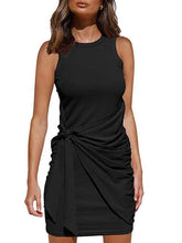 Sleeveless round neck pleated bow belt irregular bodycon dresses