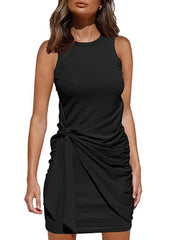 Sleeveless round neck pleated bow belt irregular bodycon dresses