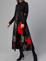 Women long black printed long sleeve maxi dresses