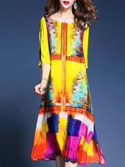 Yellow Printed Half Sleeve A-line Plus Size Dress