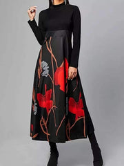 Women long black printed long sleeve maxi dresses