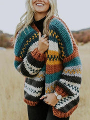 Multicolor patchwork sweater casual stripe cardigan coats