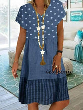 Women's v-neck short sleeve wave point stitching loose Shift dresses