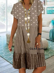Women's v-neck short sleeve wave point stitching loose Shift dresses