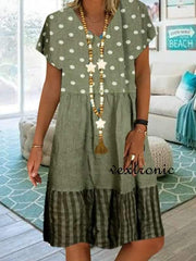 Women's v-neck short sleeve wave point stitching loose Shift dresses