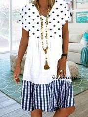 Women's v-neck short sleeve wave point stitching loose Shift dresses