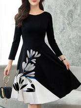 Round Neck Long Sleeve Elegant Flower Printed Skater Dresses