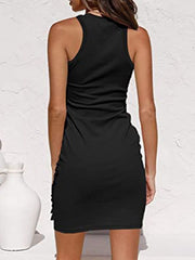 Sleeveless round neck pleated bow belt irregular bodycon dresses