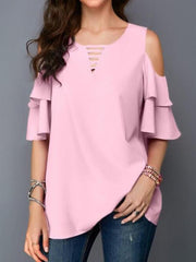 Round collar off shoulder flared sleeves loose chiffon T-shirts