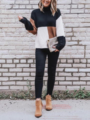 Color Blocking High Collar Warm Long Sleeve Woman Sweater