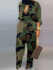 Women stylish printed long sleeve v neck jumpsuits