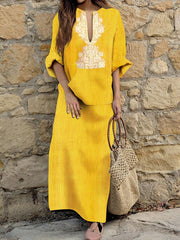 Woman Cotton Linen Long Sleeve Solid Loose V Neck Boho Long Dress Casual Dress Maxi Dress