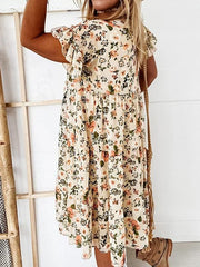 Round Neck Floral Printed Lotus sleeve Loose Shift Dresses