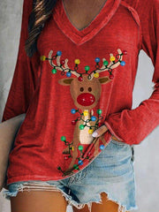 Christmas Printed V Neck Casual Shirts & Tops