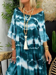 Blue Ombre/tie-Dye Half Sleeve Shift Dresses