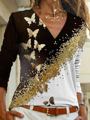 Black Long Sleeve V Neck Shift Printed Shirts & Tops