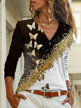 Black Long Sleeve V Neck Shift Printed Shirts & Tops