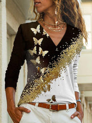 Black Long Sleeve V Neck Shift Printed Shirts & Tops