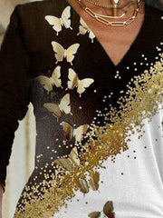 Black Long Sleeve V Neck Shift Printed Shirts & Tops