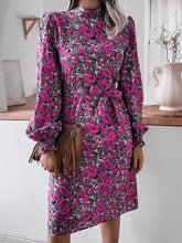 Fashion Floral stand collar lantern sleeve long sleeve chiffon skater dresses