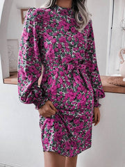Fashion Floral stand collar lantern sleeve long sleeve chiffon skater dresses