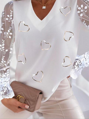 V-neck Lace Patchwork Printed Sexy Shirts & Tops