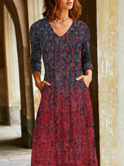 Cashmere V neck printed long sleeve stylish maxi Dresses