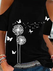 Off shoulder women round neck printed butterfly T-shirts