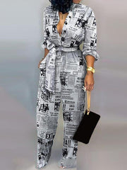 Women stylish printed long sleeve v neck jumpsuits