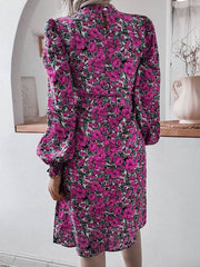 Fashion Floral stand collar lantern sleeve long sleeve chiffon skater dresses