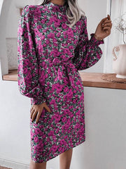 Fashion Floral stand collar lantern sleeve long sleeve chiffon skater dresses