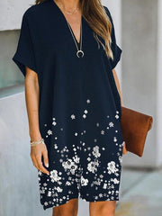 Navy Shift Floral Printed Short Sleeve V Neck Dresses