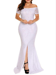Sexy lace off shoulder short sleeve slim long evening dresses