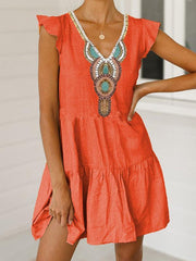 Printed v-neck dress short sleeve women Shift dresses