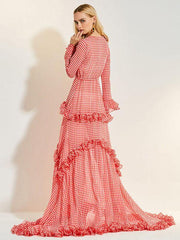 Plaid Lacy V-neck Floor Evening Dress