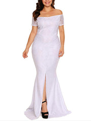 Sexy lace off shoulder short sleeve slim long evening dresses