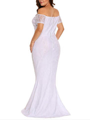 Sexy lace off shoulder short sleeve slim long evening dresses