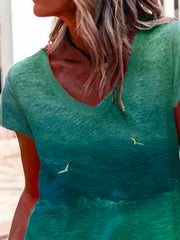Cotton-Blend V Neck Short Sleeve Shirts & Tops