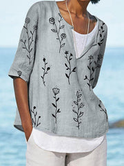 Cotton and linen blend printed button blouses