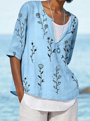 Cotton and linen blend printed button blouses
