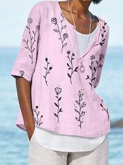 Cotton and linen blend printed button blouses