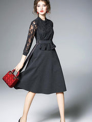 Fashion Lace Long sleeve Round neck Skater Dresses