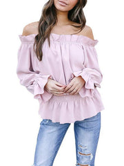Off Shoulder Elastic Waist Ruffle Trim Plain Bell Sleeve Blouses