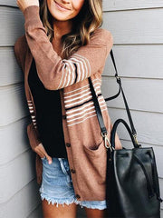 Brown Stripe Knitted Woman Cardigan Coats