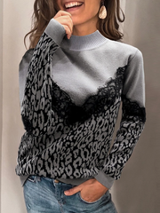 Fashion round neck lace stitching leopard sweater