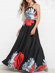 Elegant Black Floral Printed Backless Woman Maxi Dresses