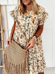 Round Neck Floral Printed Lotus sleeve Loose Shift Dresses