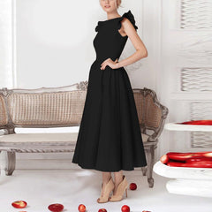 Elegant High End Plain Flouncing Sleeve Skater Dress