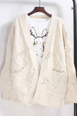 Solid Ribbed Horn Buckle Pockets Cardigan